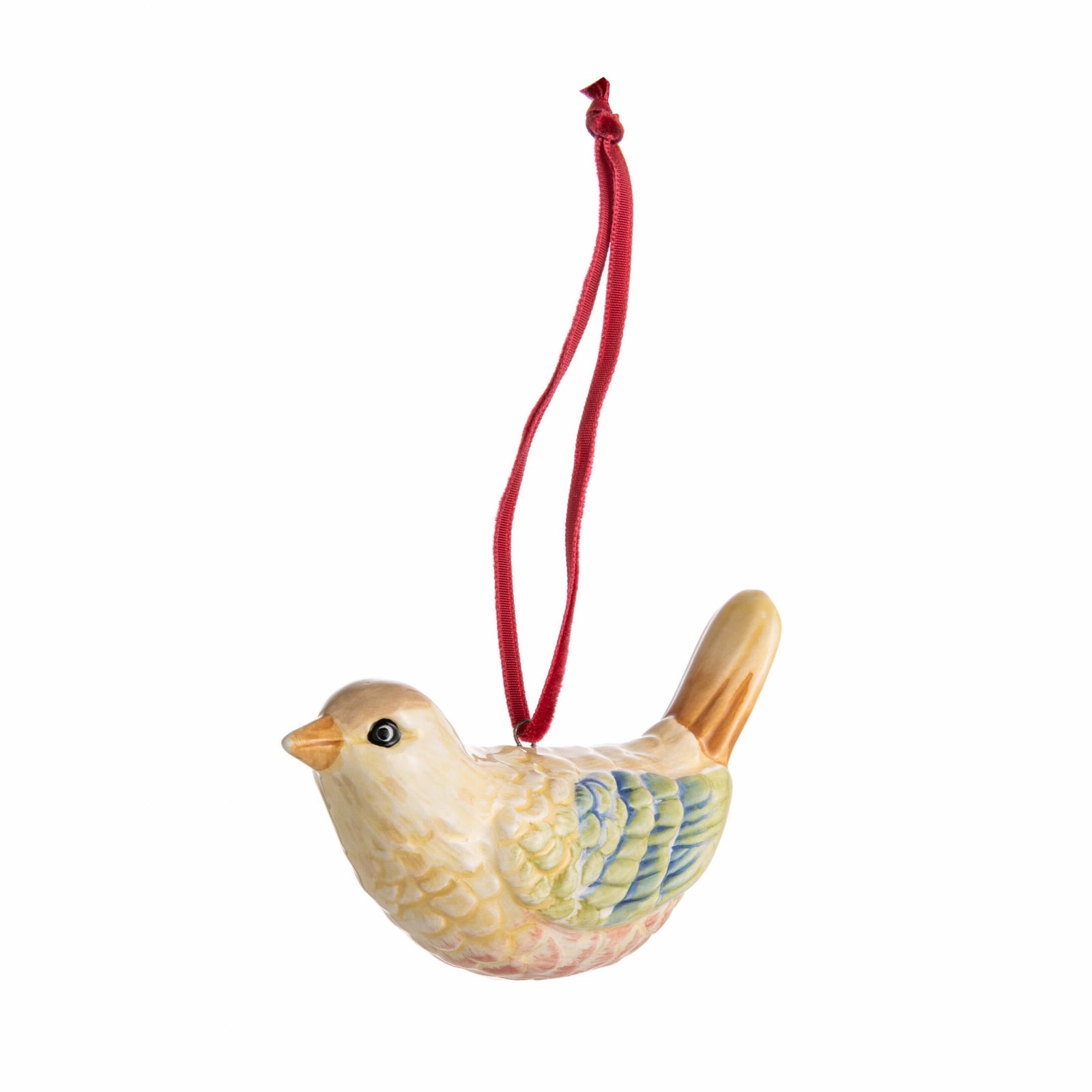 Decorative bird ornament with a red string on a white background