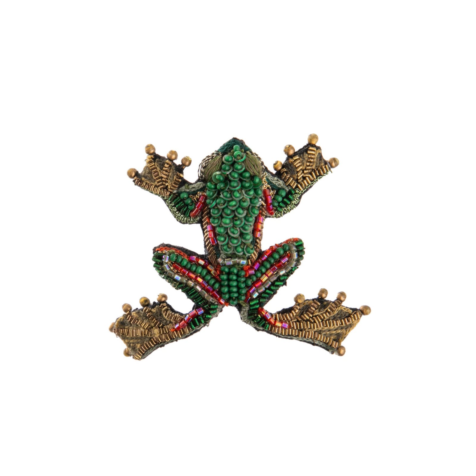 Decorative frog brooch with green body, red accents, and gold accents on a white background