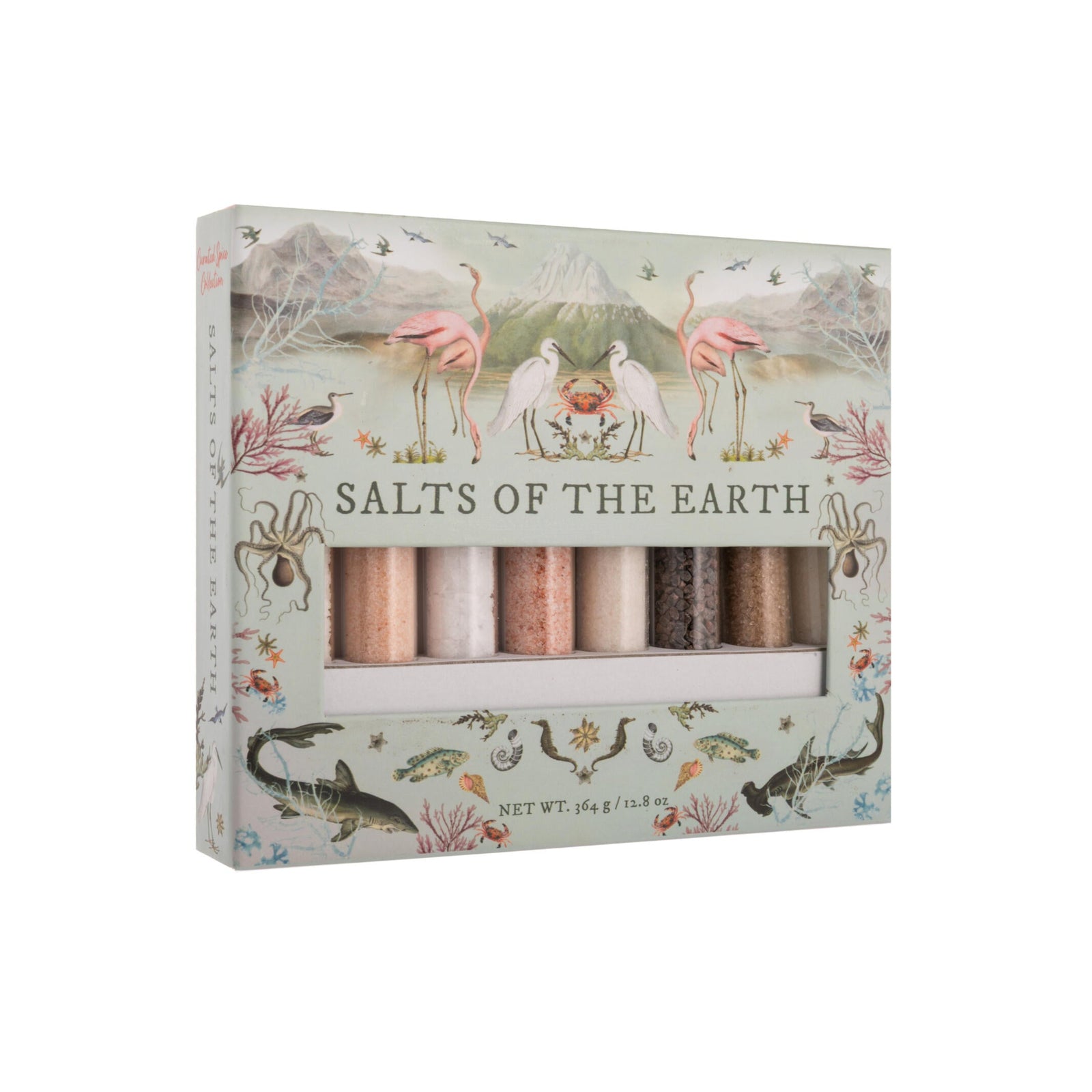 Packaging of 'Salts of the Earth' with illustrations on a white background