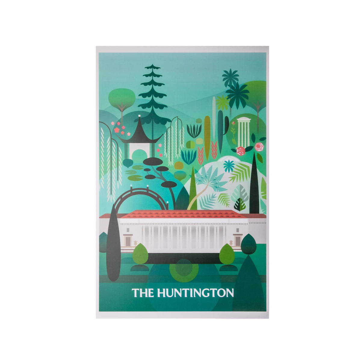 Illustrated poster of The Huntington with greenery and architecture on a white background