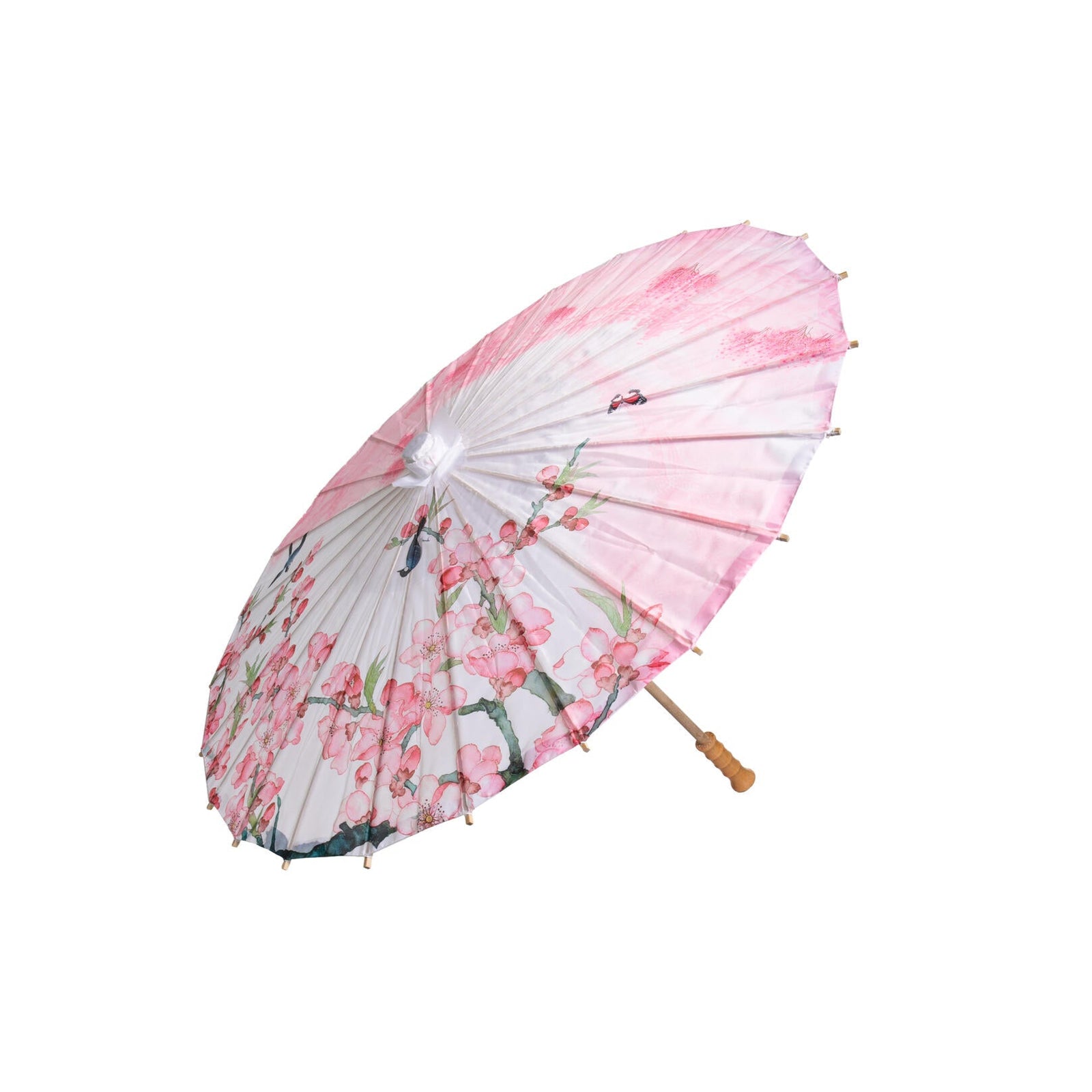 Decorative parasol with floral design on a white background.