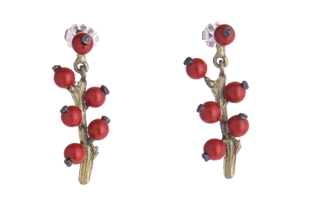 These fabulously festive post earrings are cast in solid bronze with a hand-patina finish giving the 'branches' a gorgeous vintage style finish. The holly 'berries' are made from red jade beads, each carefully added by hand. Post fastening. Materials: bronze, red jade Dimensions: 1" x 0.25" Made in the U.S