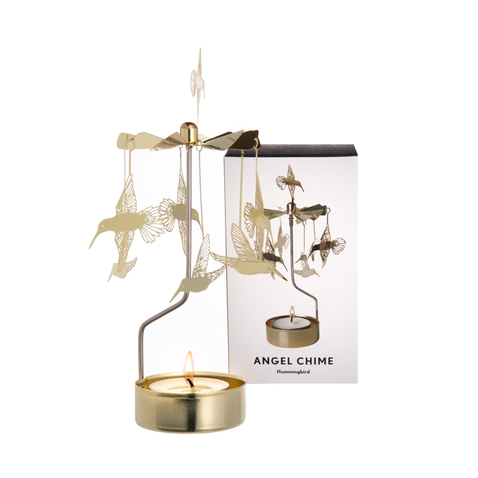 This delightfully unique tealight will add a fabulous finishing touch to your table setting. Simply light the tealight (included) and the heat from the candle will gently spin the golden hummingbird mobile above it. Material: Metal Dimensions: 2.8" x 2.8" x 6.5" Simple assembly required - full instruction included.