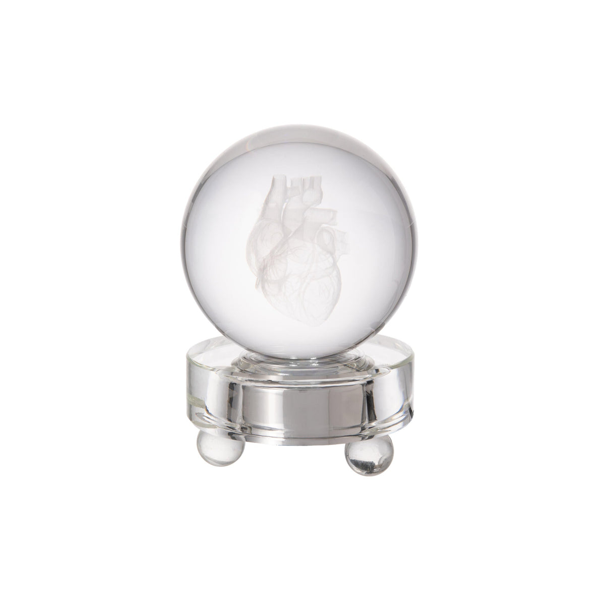 Clear crystal ball with engraved human heart design on a white background
