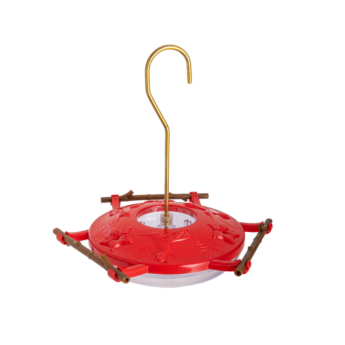 Red hummingbird feeder with a gold hook and twig-shaped perches on a white background.