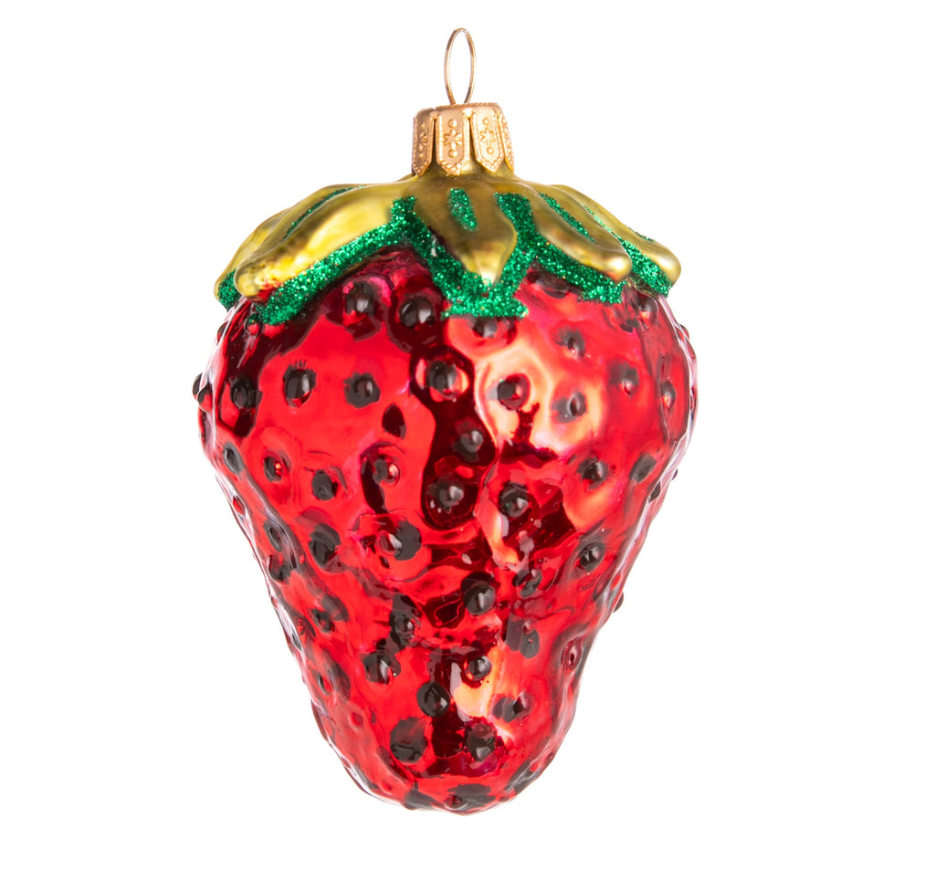 With glitter accents and a shiny metallic finish, this festive strawberry will be a glimmering and standout ornament in your home. Hand-blown glass.