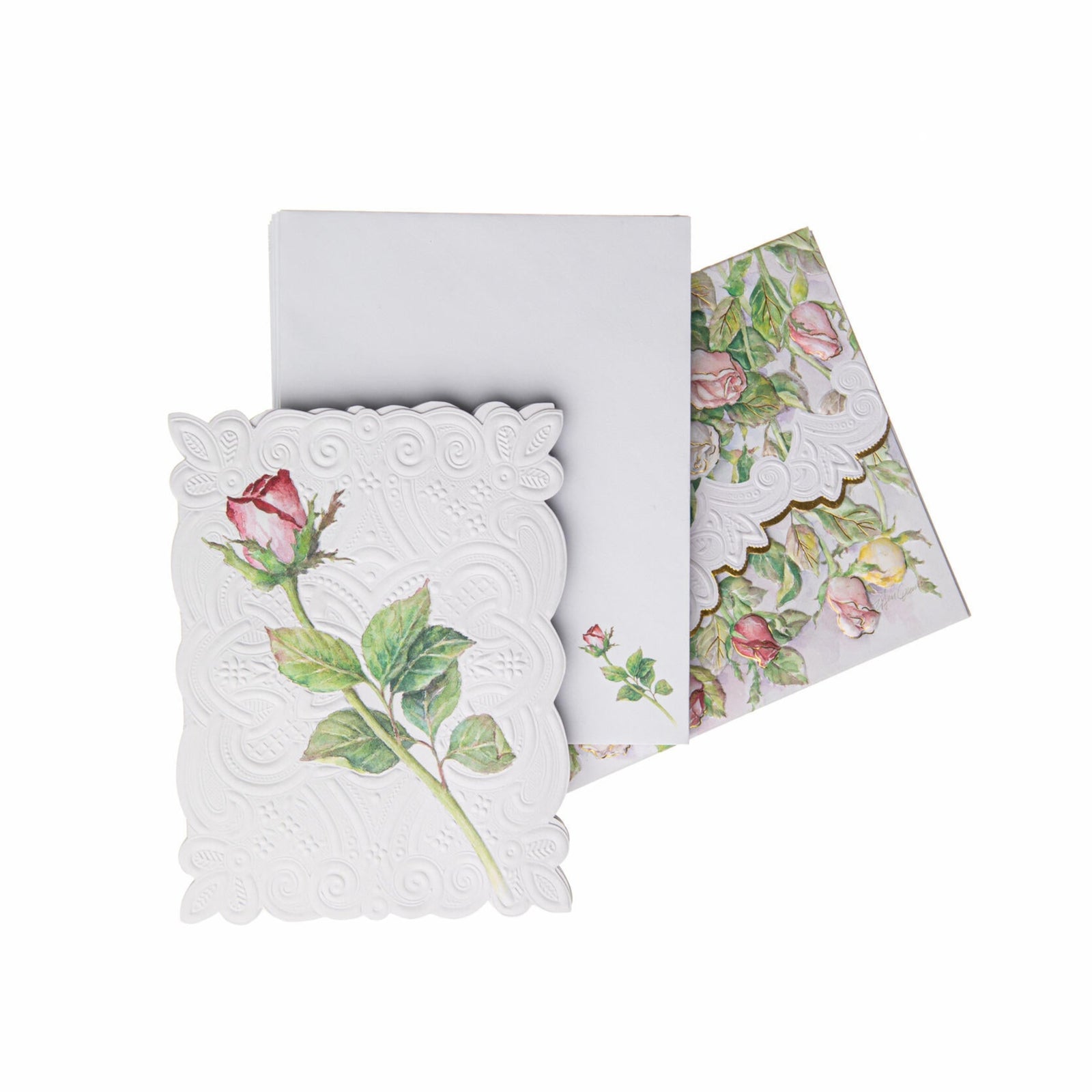 Celebrate life’s beautiful moments with these long-stemmed rose notecards, each a testament to the joy of giving and receiving. This delightful set includes ten lace-like embossed notecards with envelopes, enclosed in a pretty portfolio-style box with a magnetic fastening. Set of ten notecards with envelopes Box dimensions: 6" x 4.5" x 0.75"