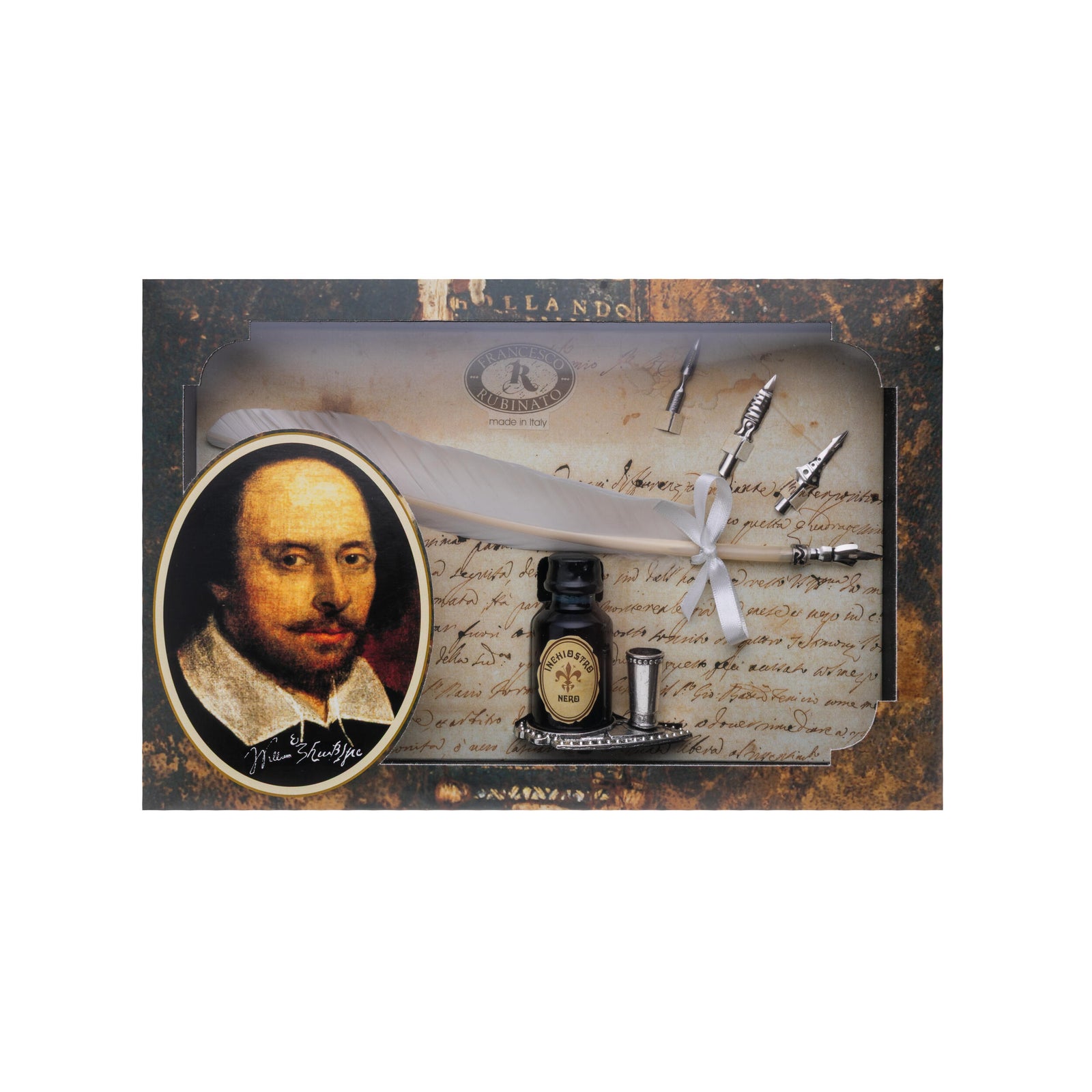 Quill pen and ink set with four nibs, inspired by William Shakespeare, on a white background.