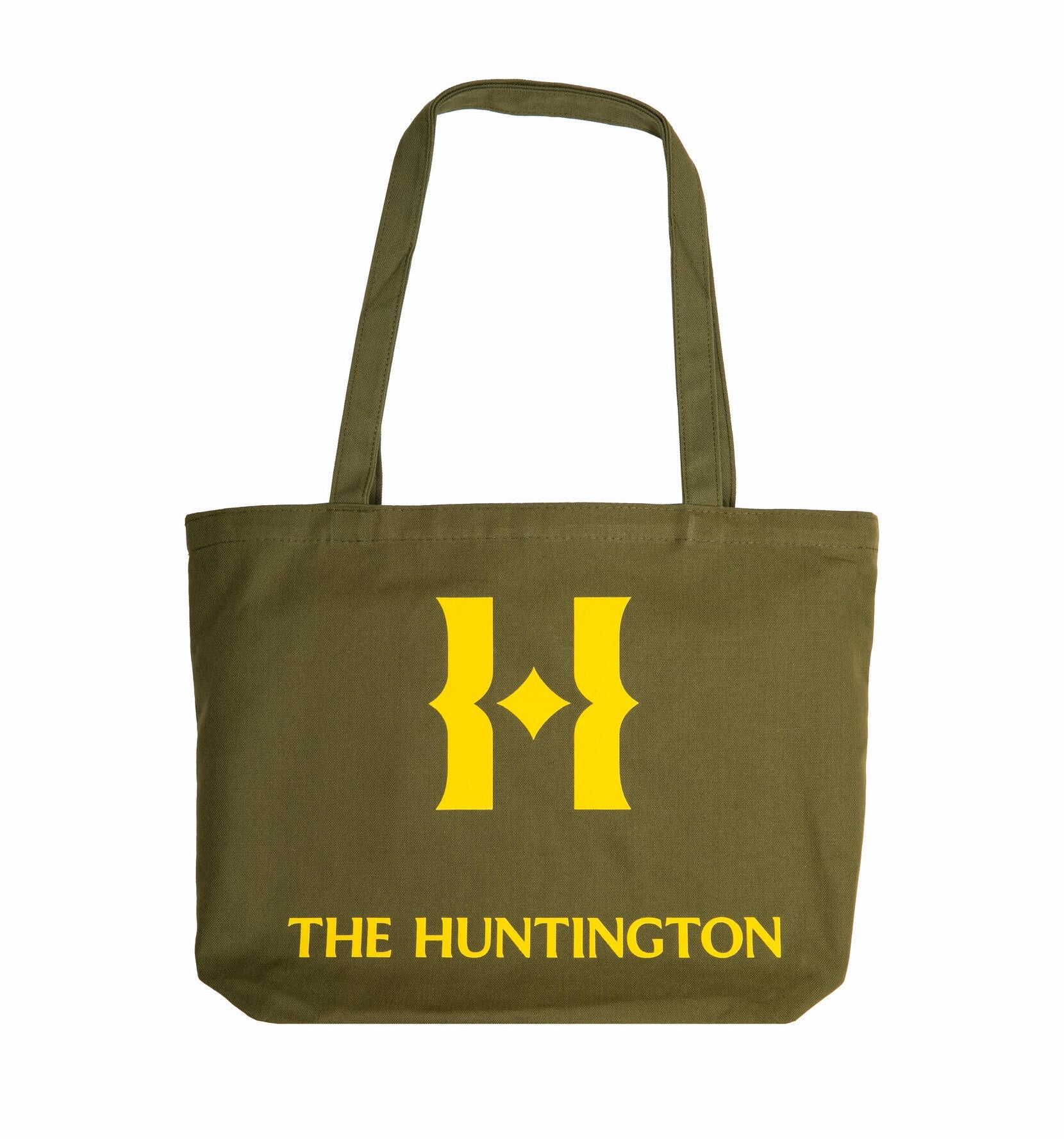 This generously sized canvas tote features our Huntington H monogram in a warm, sunny yellow on an olive-green base. The H monogram and 'The Huntington' wordmark are flocked, giving the tote a fabulous vintage-style finish. Materials: 100% cotton canvas Dimensions: 17.5" x 12" x 4" Exclusive to The Huntington Store