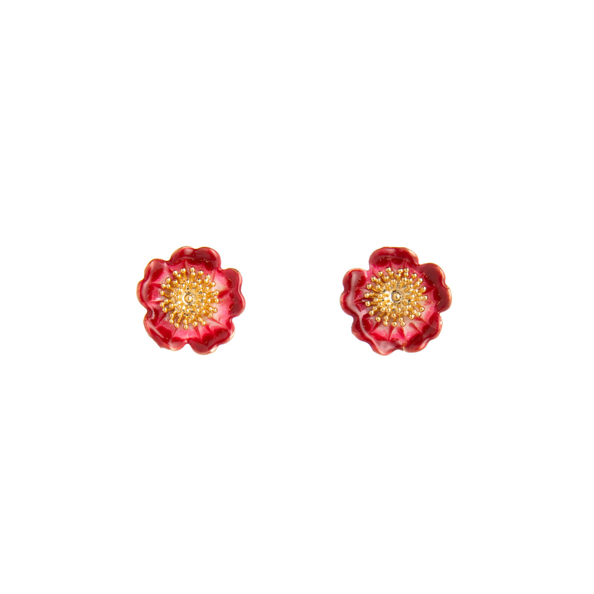 Pair of red flower-shaped earrings on a white background