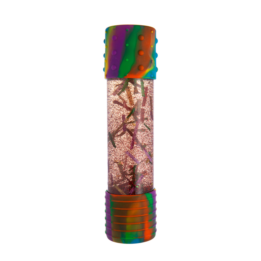 A sensory bottle to help children self-regulate and improve their focus and creativity. With fun rainbow colors. This DIY calm down bottle includes a craft pack of glitter and creative materials to swirl into water once filled. Bottle is refillable for future use.  Dimensions: approx. 8" x 2" Recommended ages: 3+