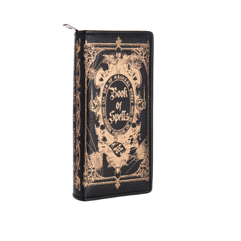 With gold detail, this wallet features Book of Spells motifs on the front and back. The interior features 10 card slots, a see-through ID slot, three bill slots, and a zippered compartment. With all those pockets and a button closure, this wallet is filled with magic! Dimensions: 7.5" x 1.5" x 5" Material: Vinyl