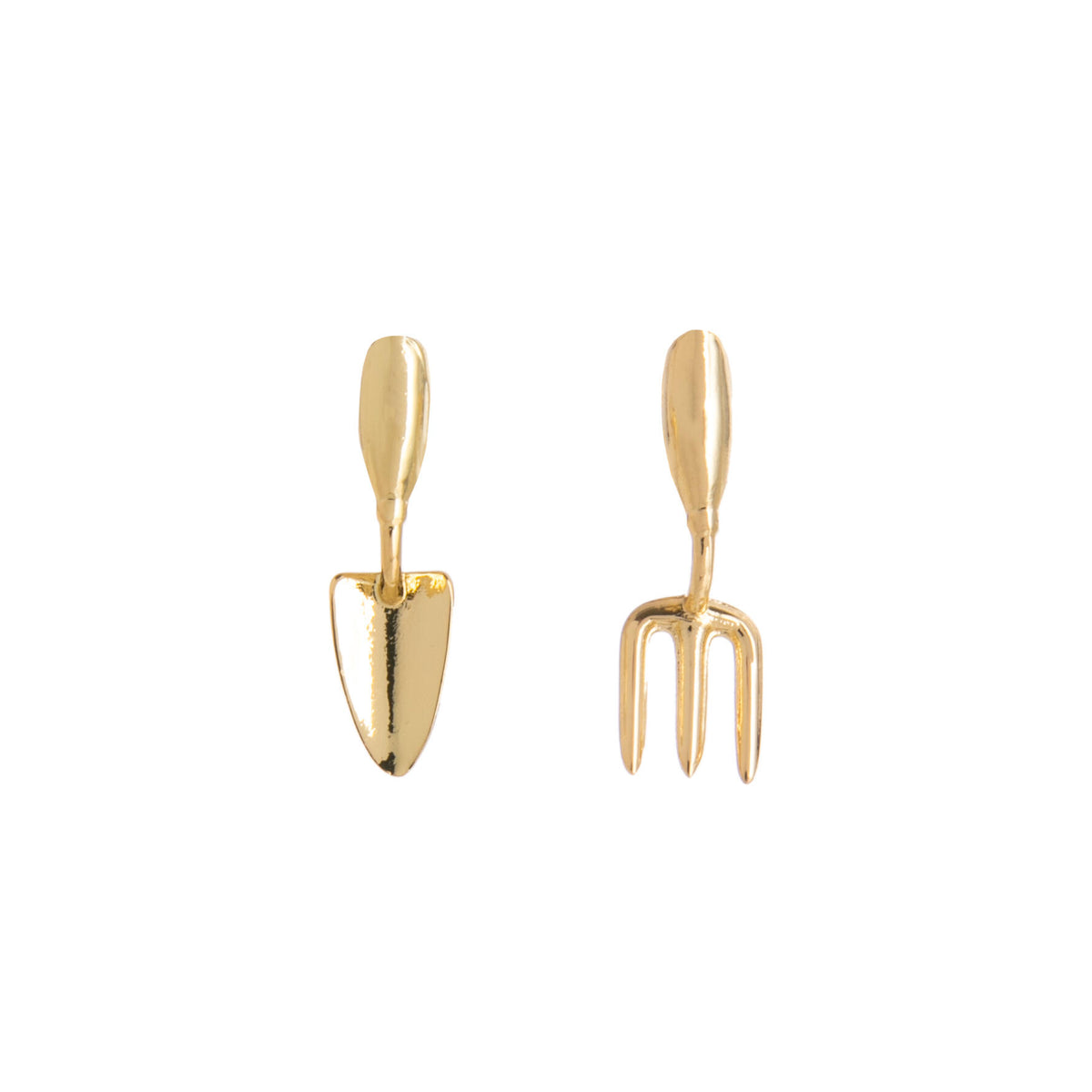 Gold shovel and fork earrings on a white background