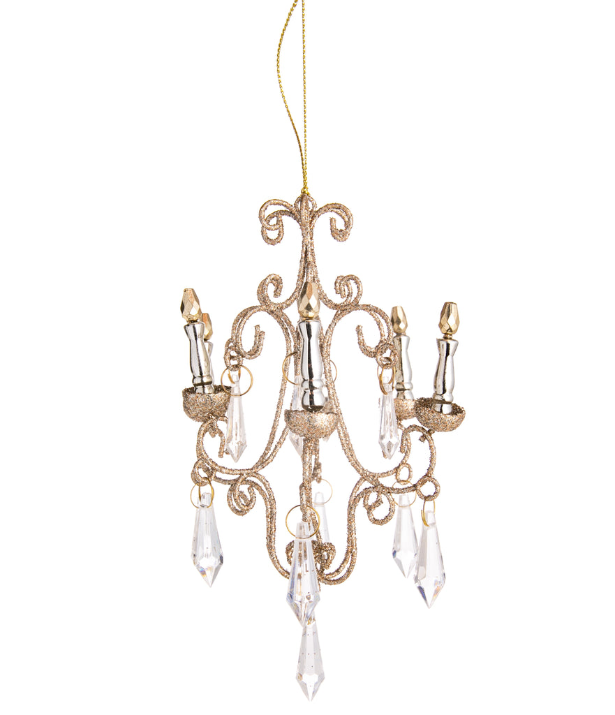 Add some grandeur to your holiday tree with this shimmering chandelier ornament. Features six miniature 'candles' and is trimmed with faceted faux-crystals.