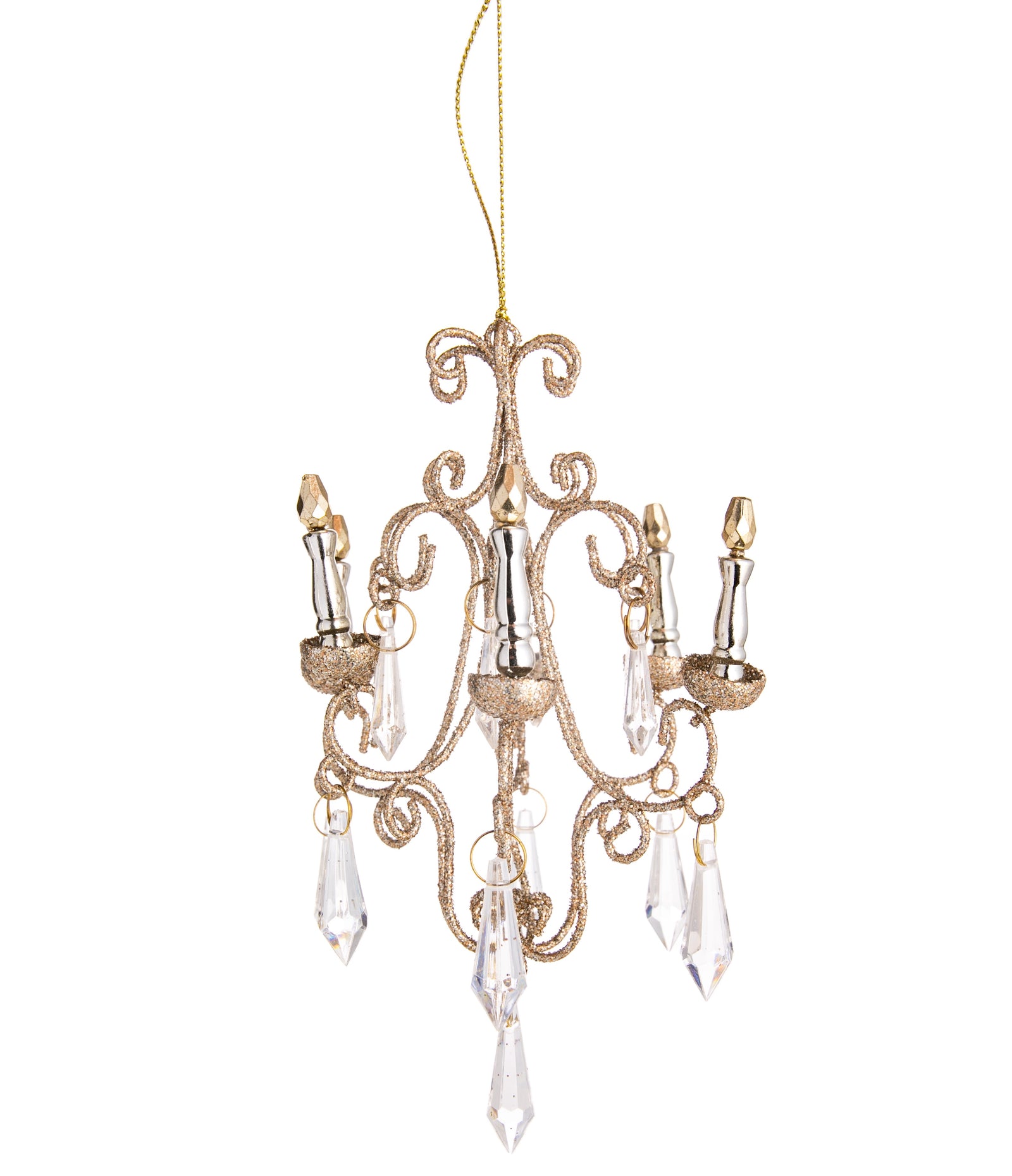 Add some grandeur to your holiday tree with this shimmering chandelier ornament. Features six miniature 'candles' and is trimmed with faceted faux-crystals.