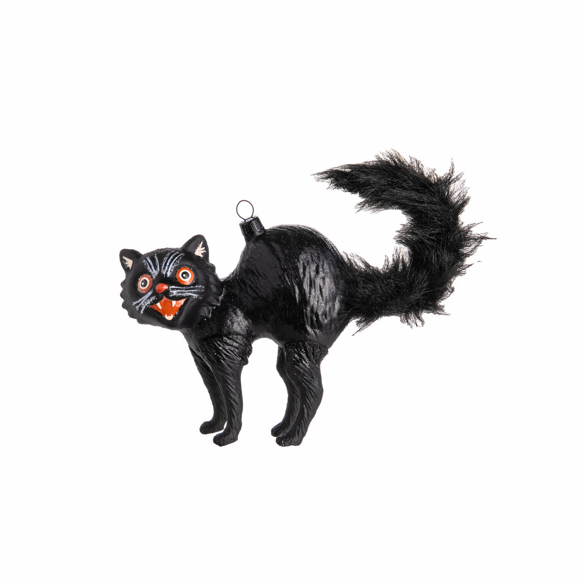 Black cat Halloween ornament with orange nose on a white background