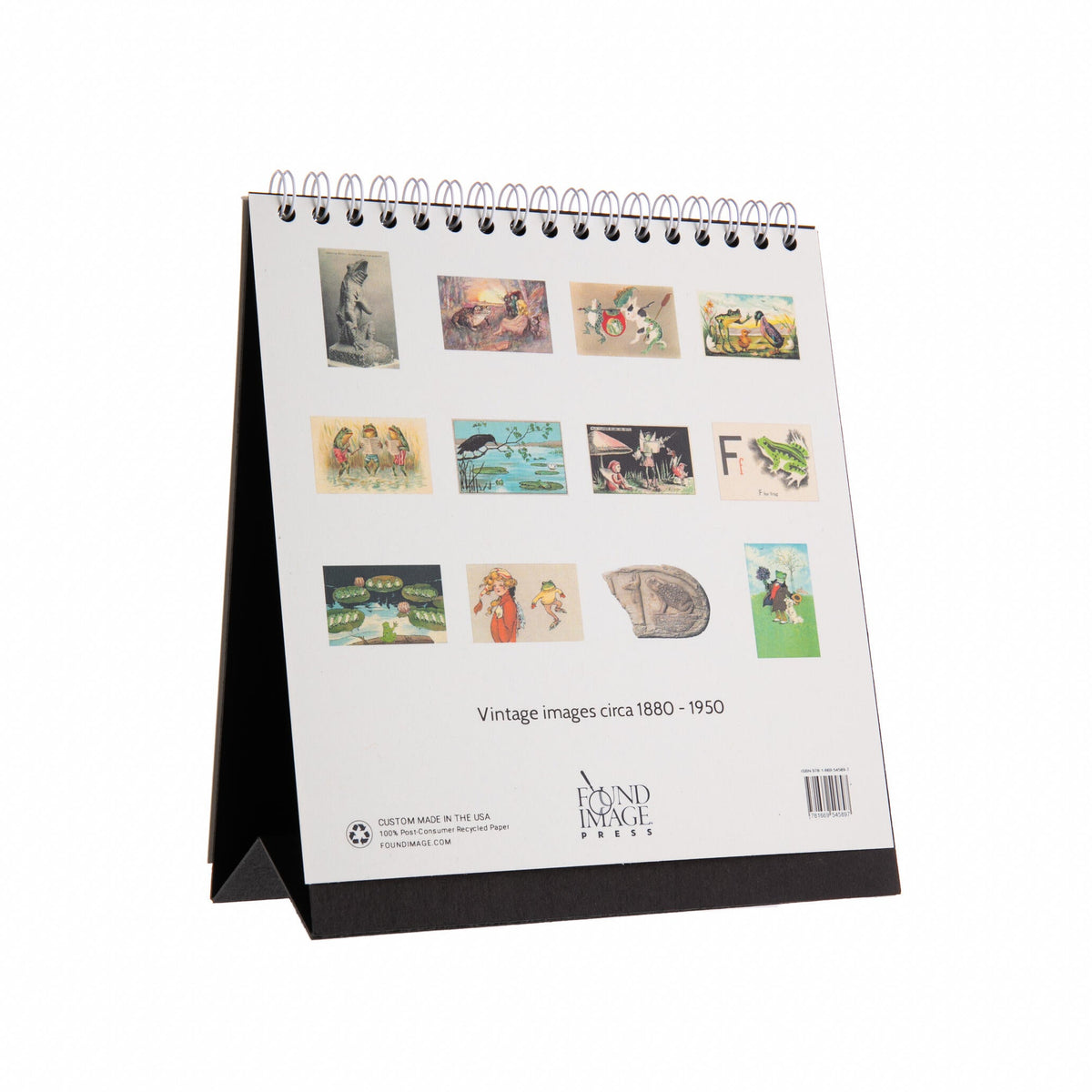 Tabletop calendar with vintage image designs on a white background