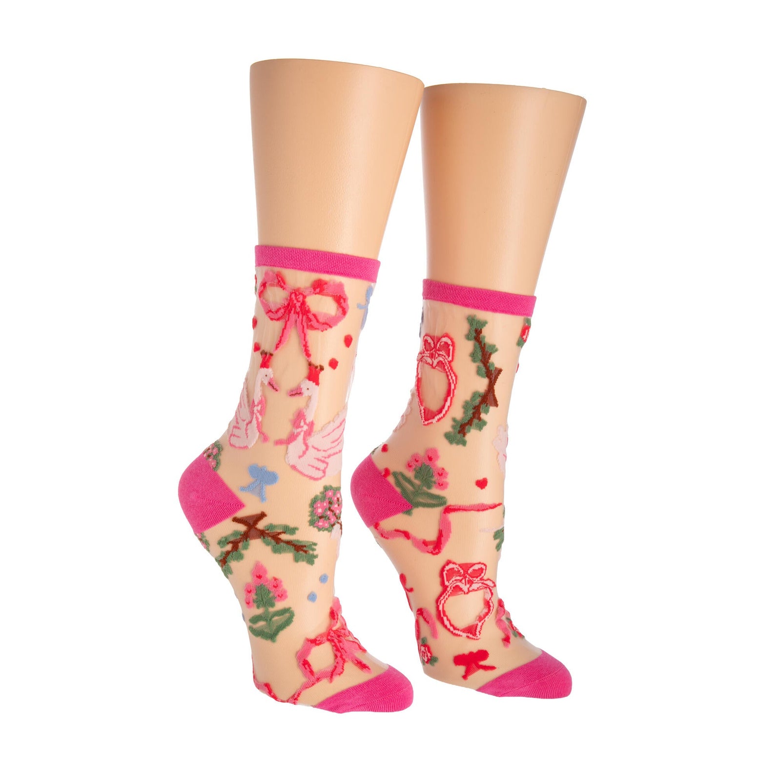 Pair of sheer socks with pink birds, flowers and hearts on a white background