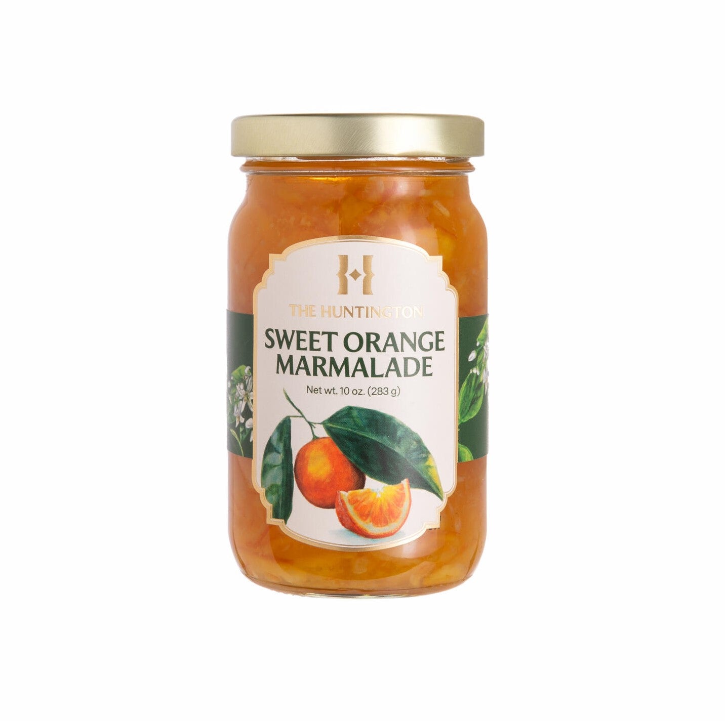 A jar of Huntington Sweet Orange Marmalade with a label featuring an illustration of oranges and leaves.