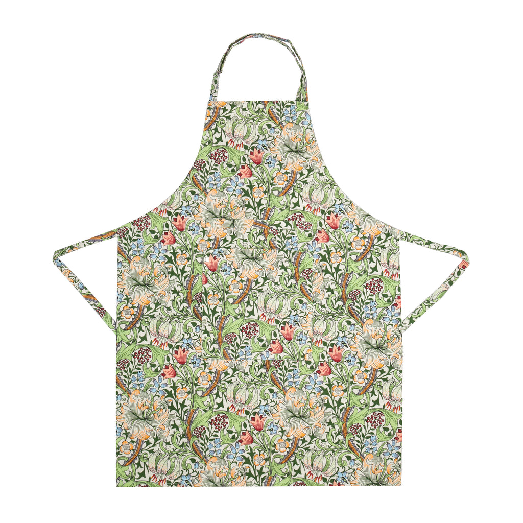 This cotton apron features William Morris' timeless 'Golden Lily' design. William Morris (1843 - 1896) was one of the most significant cultural figures of Victorian England and is widely regarded as the figurehead of the Arts & Crafts design movement of that time. 100% cotton.