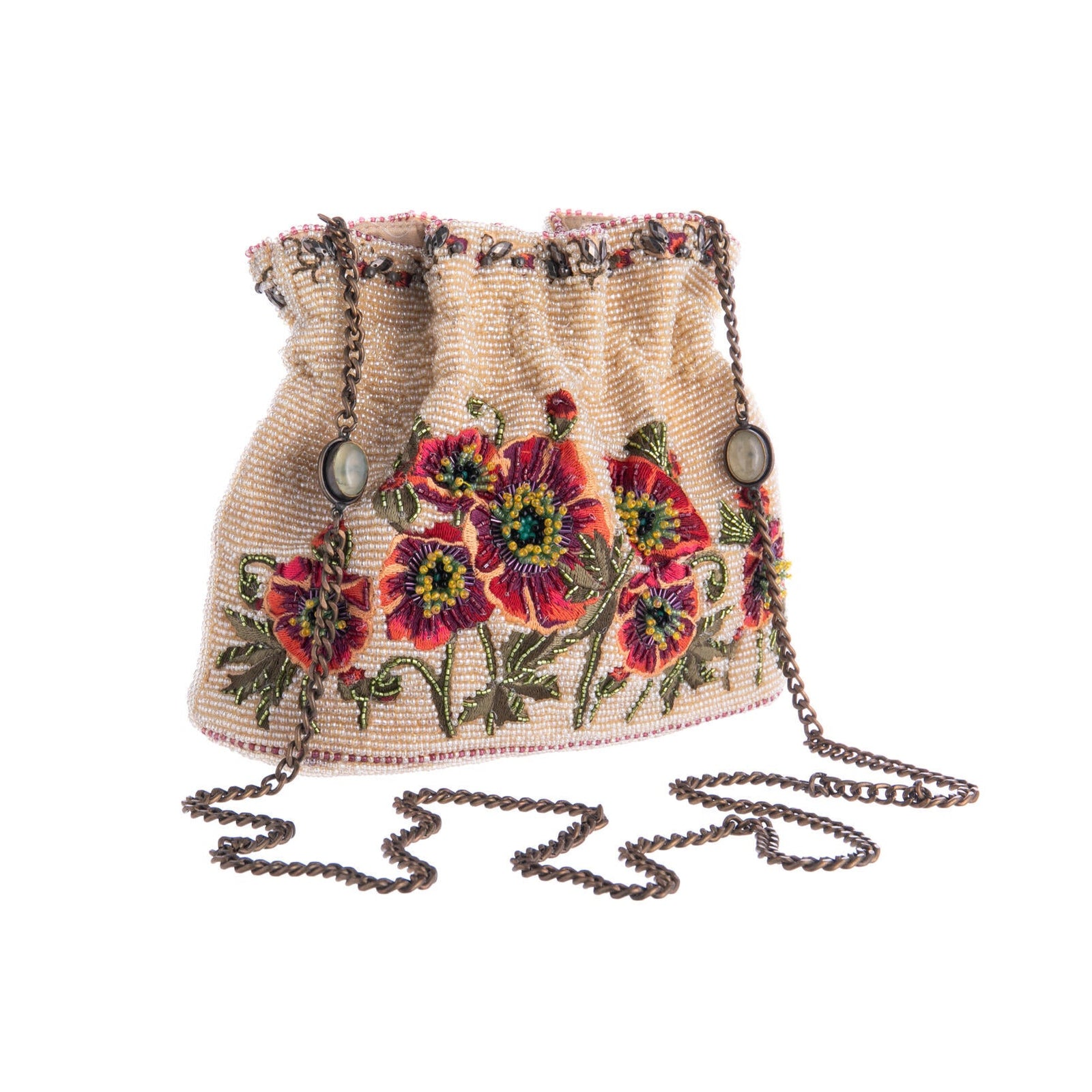 Rich red poppies in full bloom are brought to life in exquisite detail on this fully hand-beaded and embroidered purse. It's soft shape and removable golden chain strap with natural Prehnite gemstone accents make it a strikingly elegant accessory, inspired by the beauty of nature. The purse can be worn as a clutch, or as a shoulder bag.