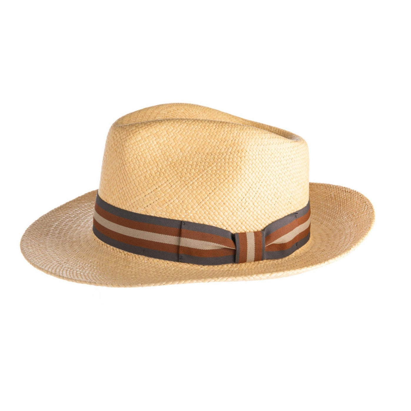 The Panama hat became hugely popular after U.S. President Theodore Roosevelt was seen wearing the hat on visits to oversee the construction of the Panama Canal. Now a stylish wardrobe staple, it is beloved by movie stars from Clark Gable to Brad Pitt. Handmade in Ecuador, this is the perfect, classic Panama hat. Made from natural woven straw and finished with a striped grosgrain trim, wear with almost any outfit for an instant dash of old Hollywood charm.
