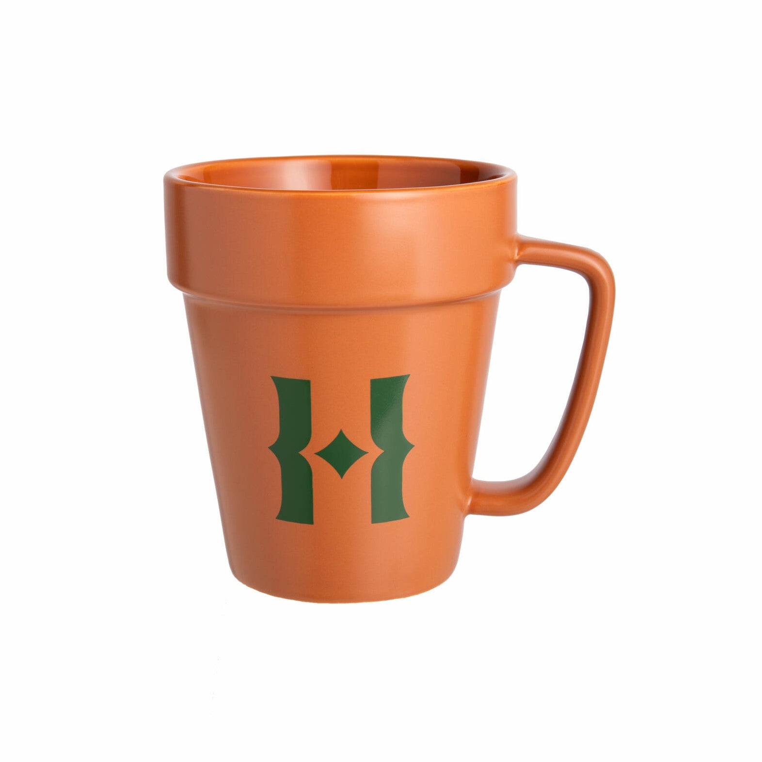 A terracotta-colored ceramic mug with a plant pot design and the Huntington's H monogram printed on the side.