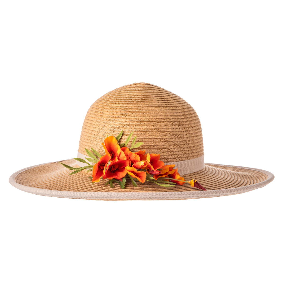 Straw hat with orange California Poppy flowers on a white background