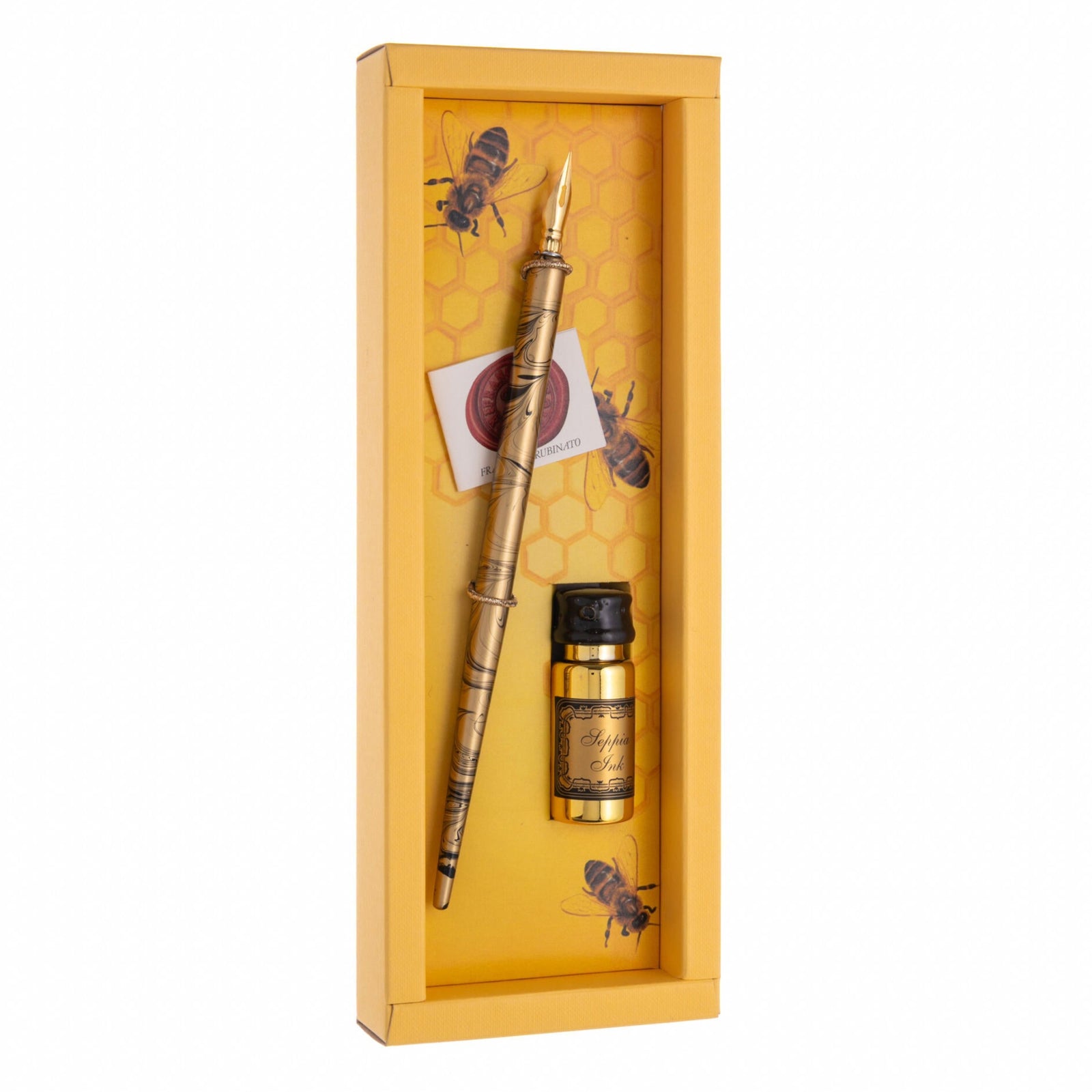 Fountain pen and ink bottle set in a decorative box with bee illustrations on a white background