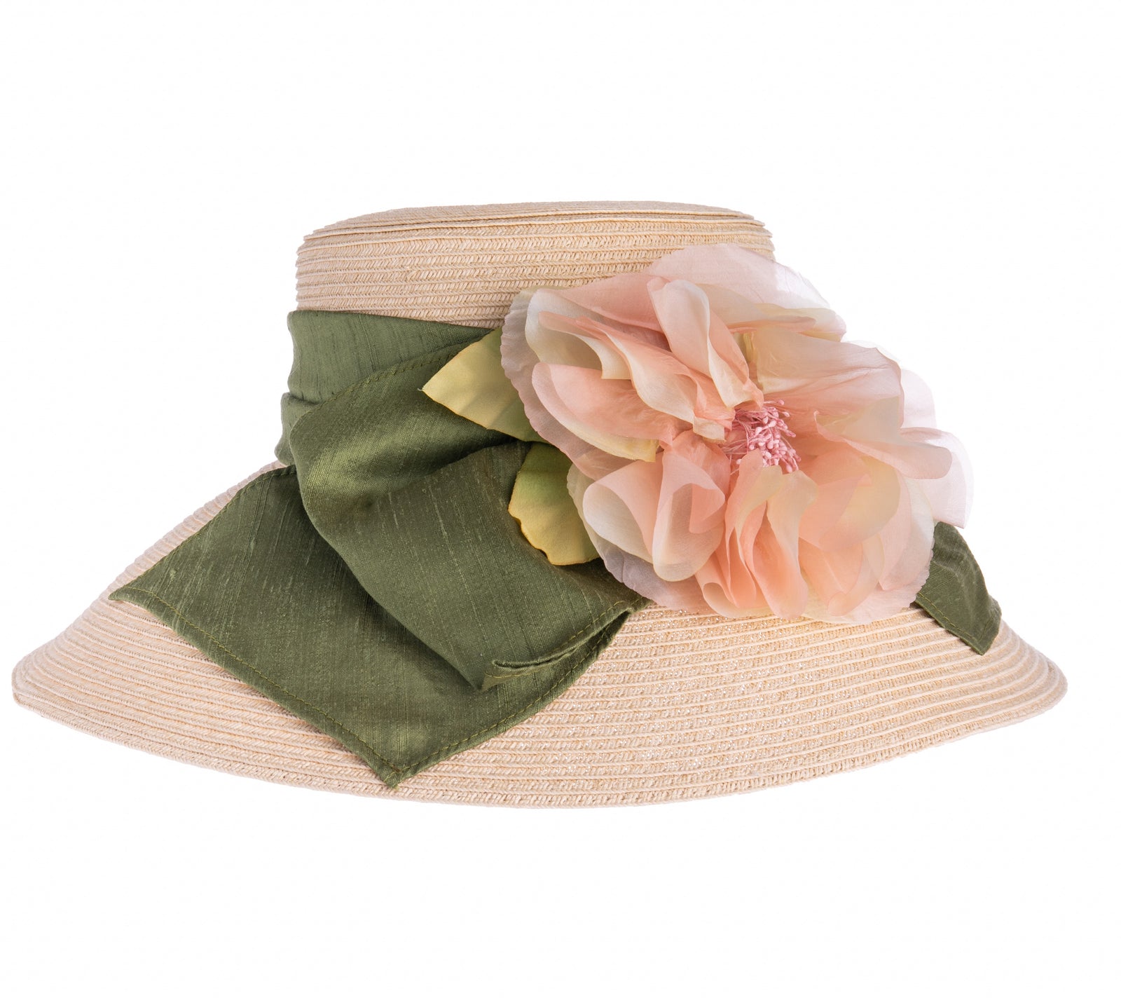 This stunning packable straw braid sunhat features a deep olive green slub satin ribbon and pale peach silk organza rose. This is the perfect hat for a wedding, garden party, or any summer event. Made in the USA. Adjustable fit drawstring grosgrain ribbon internal sweatband. One size- approx: 6" Crown.