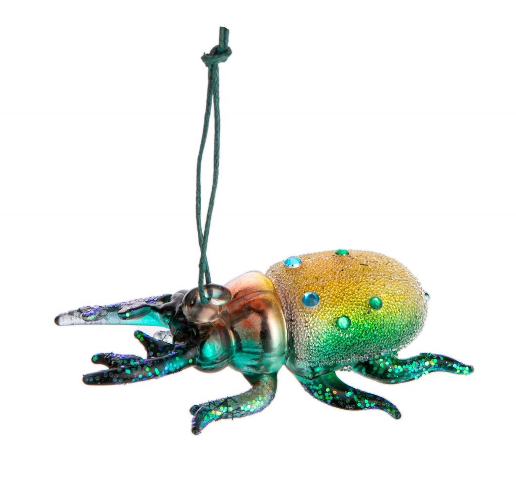 Beetles often look luminescent thanks to tiny structures on their body that reflect light, but this Green Stag Horn Beetle ornament can thank the beads and rhinestones all over it for its wonderful shine.