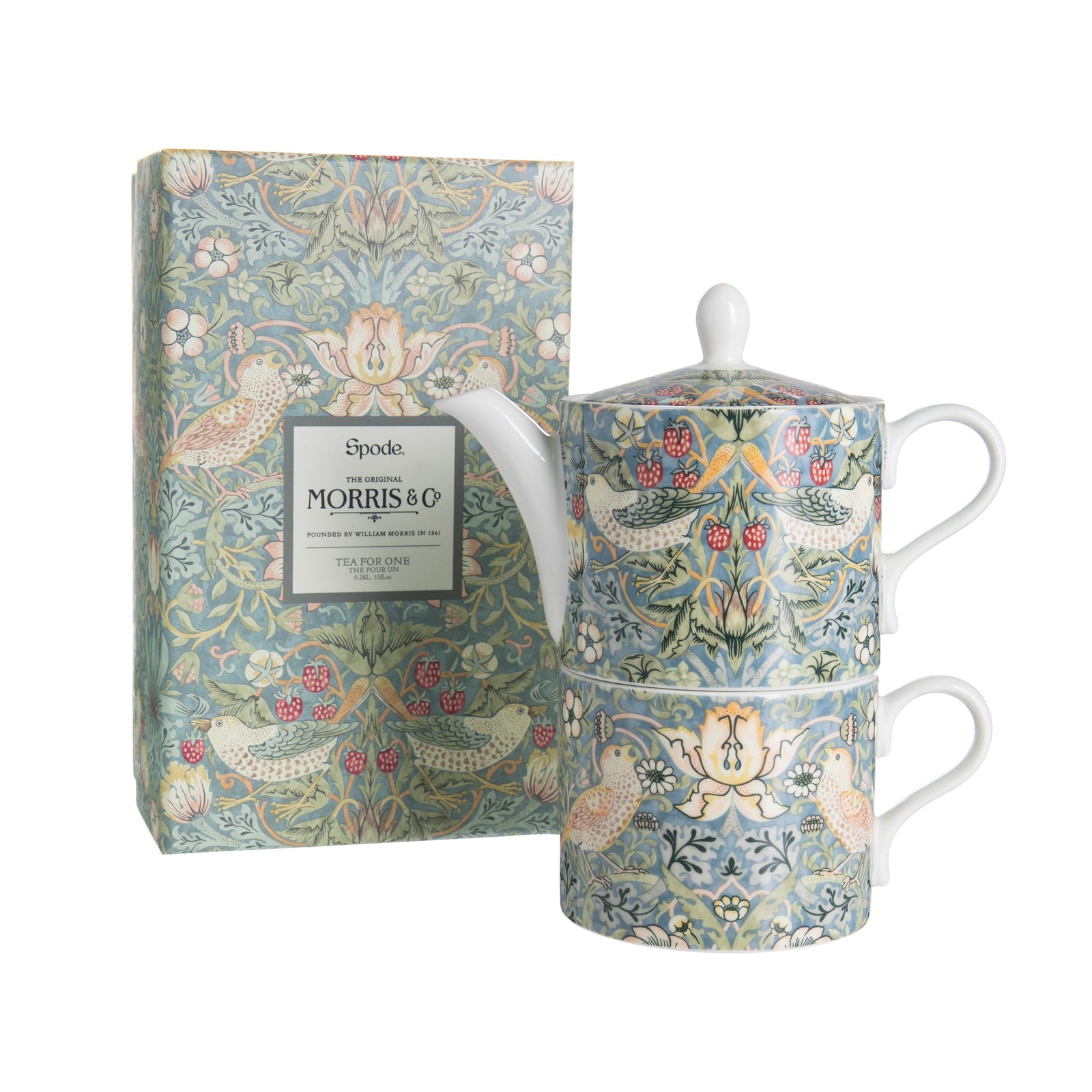 Featuring Morris & Co.’s Strawberry Thief design, this Tea for One set will be the perfect addition to your kitchen. Strawberry Thief is an iconic design that was inspired when William Morris caught some thrushes stealing fruit from the kitchen of his Cotswolds house. Porcelain. 10oz. Size when stacked: 5.5" x 6".
