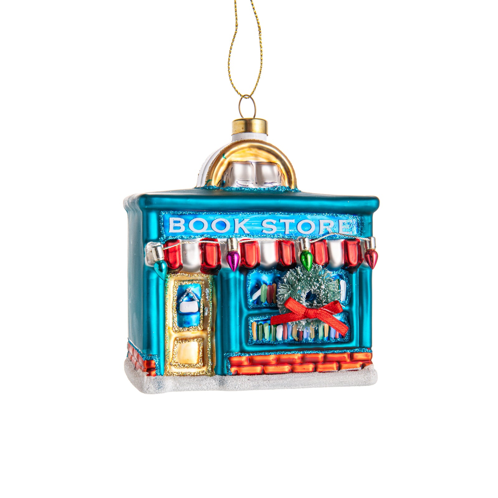 Decorative ornament of a book store with a blue facade and gold accents on a white background.