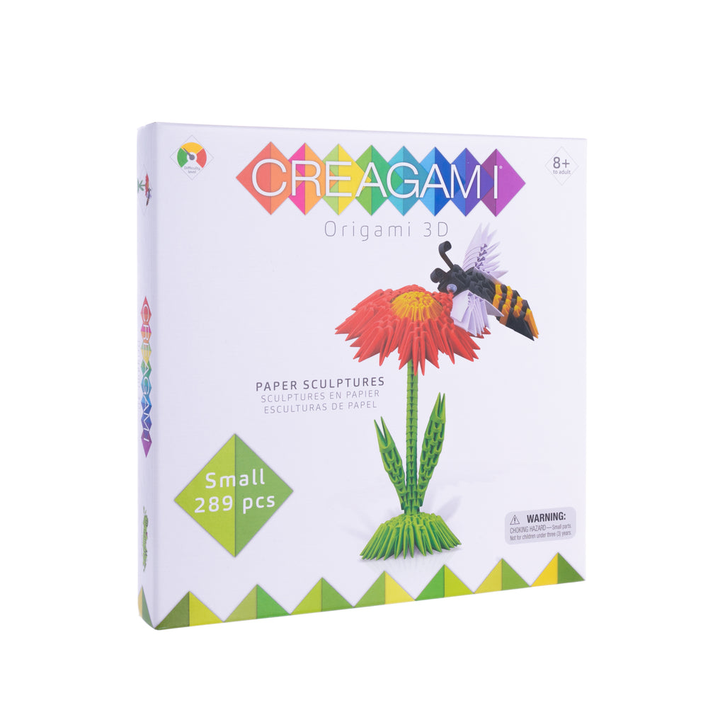 This 3D origami kit will have you folding and constructing a bee gathering nectar from a flower. Containing pre-cut cards in multiple colors, as well as a folding guide. The set also requires zero glue and follows the traditional rules of this Japanese art. Recommended ages: 3+ Dimensions once constructed: 7" height