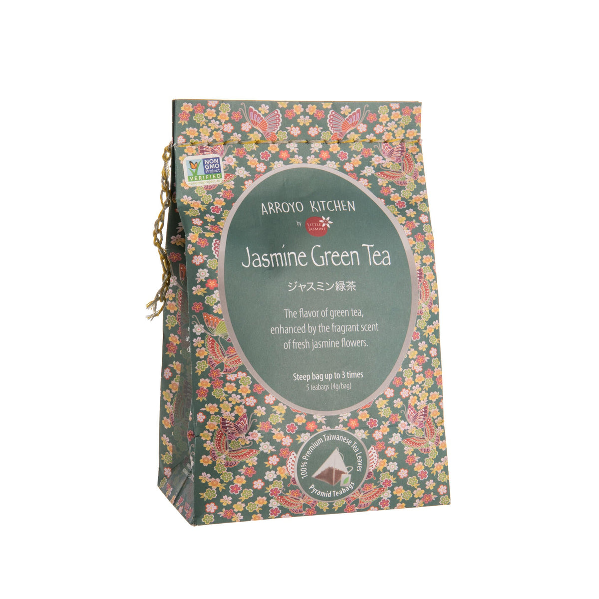 Box of Jasmine Green Tea with decorative design on a white background