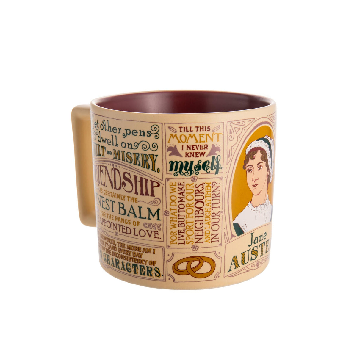 Mug with Jane Austen design featuring text and portrait on a white background