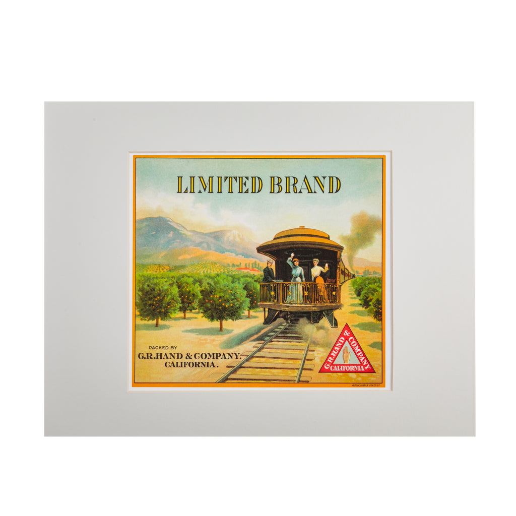 This high-quality art print is a faithful reproduction of an original Limited Brand fruit crate label ca. 1890 - 1900. The original label is housed within The Huntington's collection. The print features in our Rose Garden Tea Room. Print size: 8.5" x 7.5". Mountboard size: 14" x 11". Exclusive to The Huntington Store.