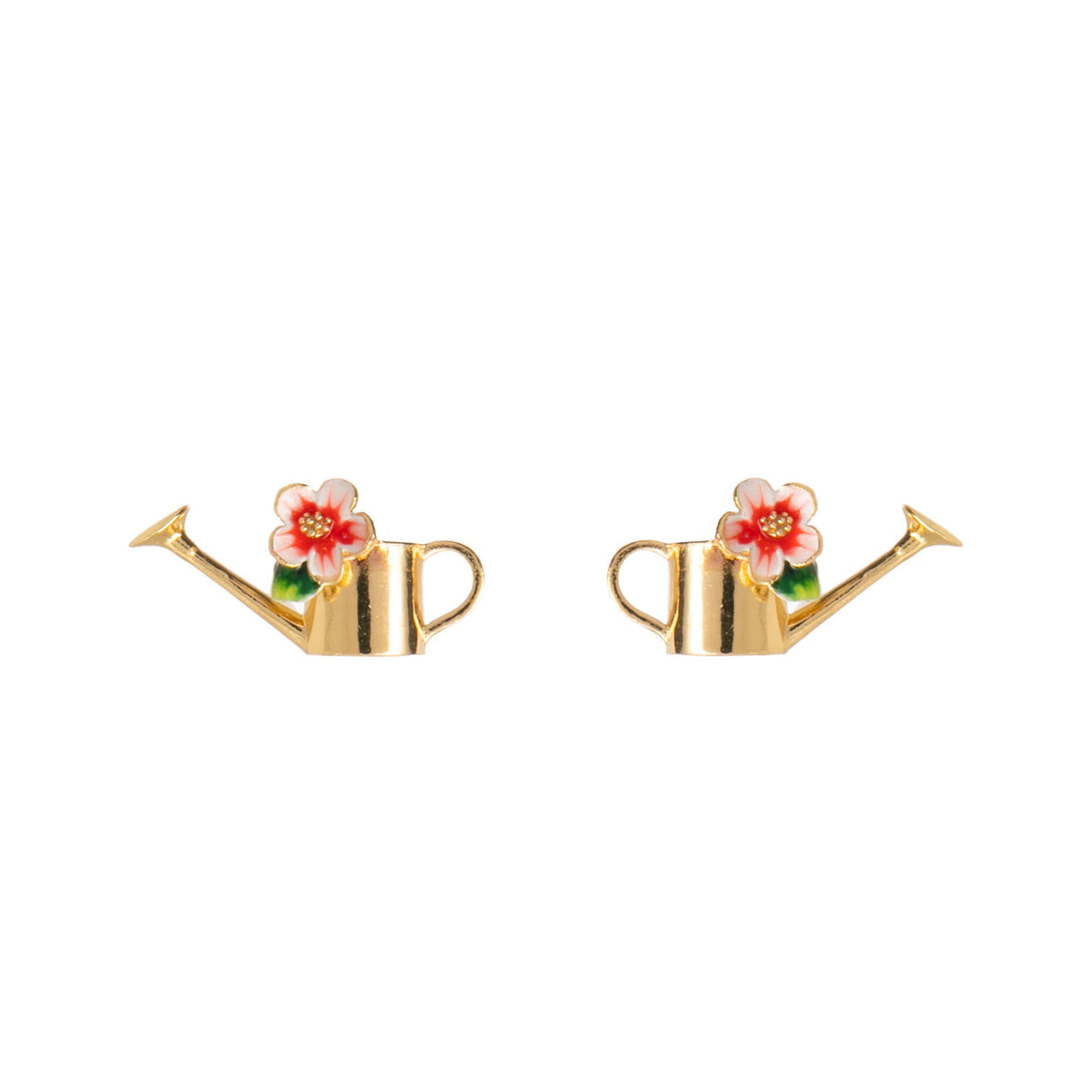Gold watering can earrings with floral designs on a white background