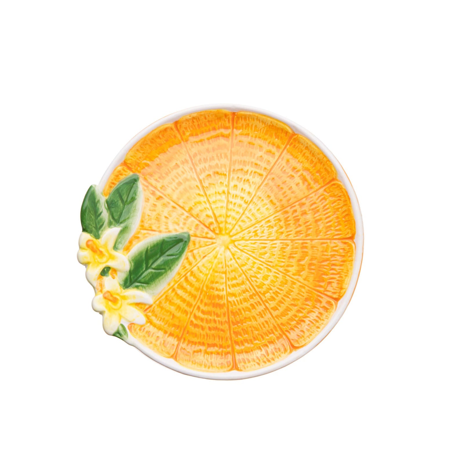 Decorative plate, which looks like a slice of orange, on a white background