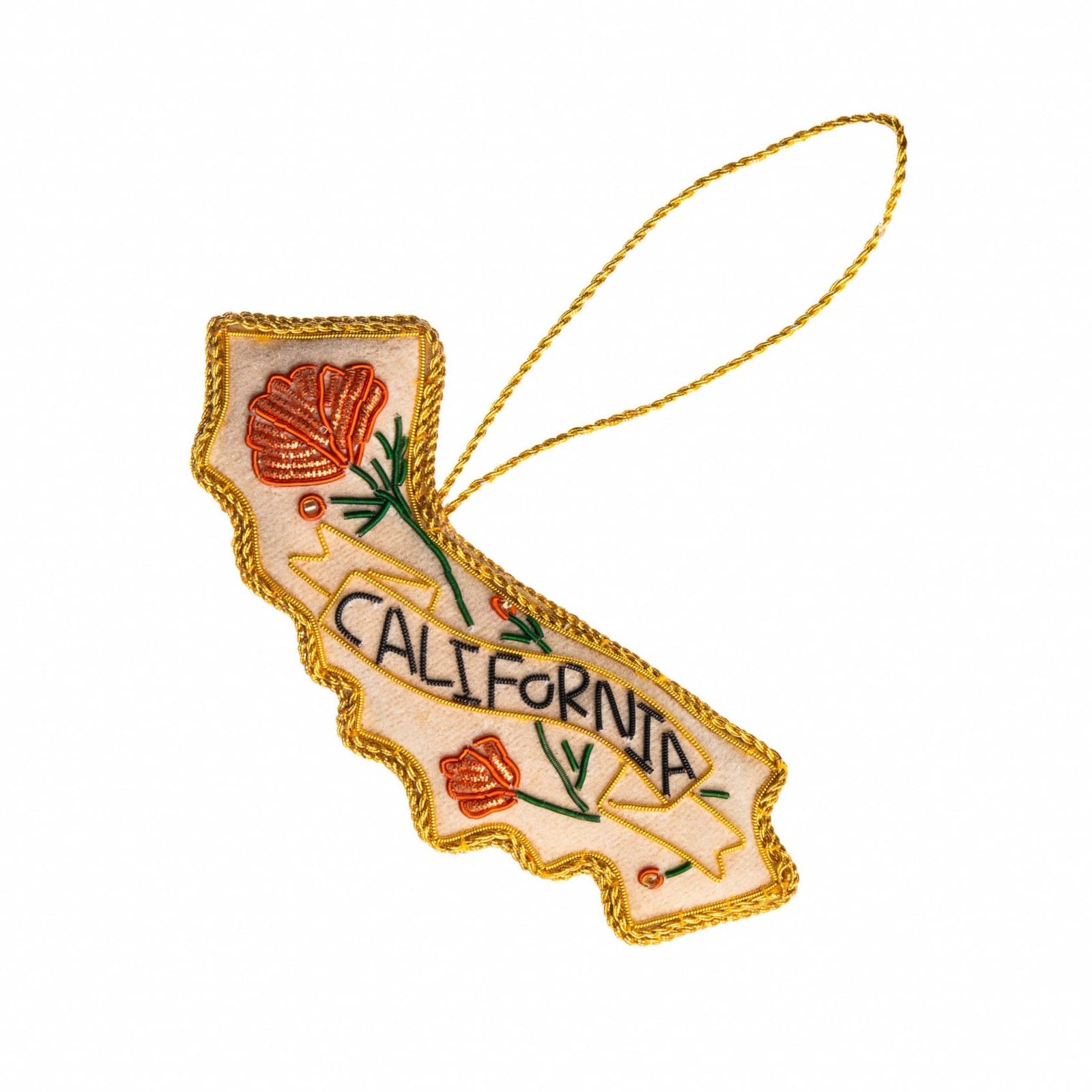 Decorative ornament shaped like the state of California with floral designs on a white background.