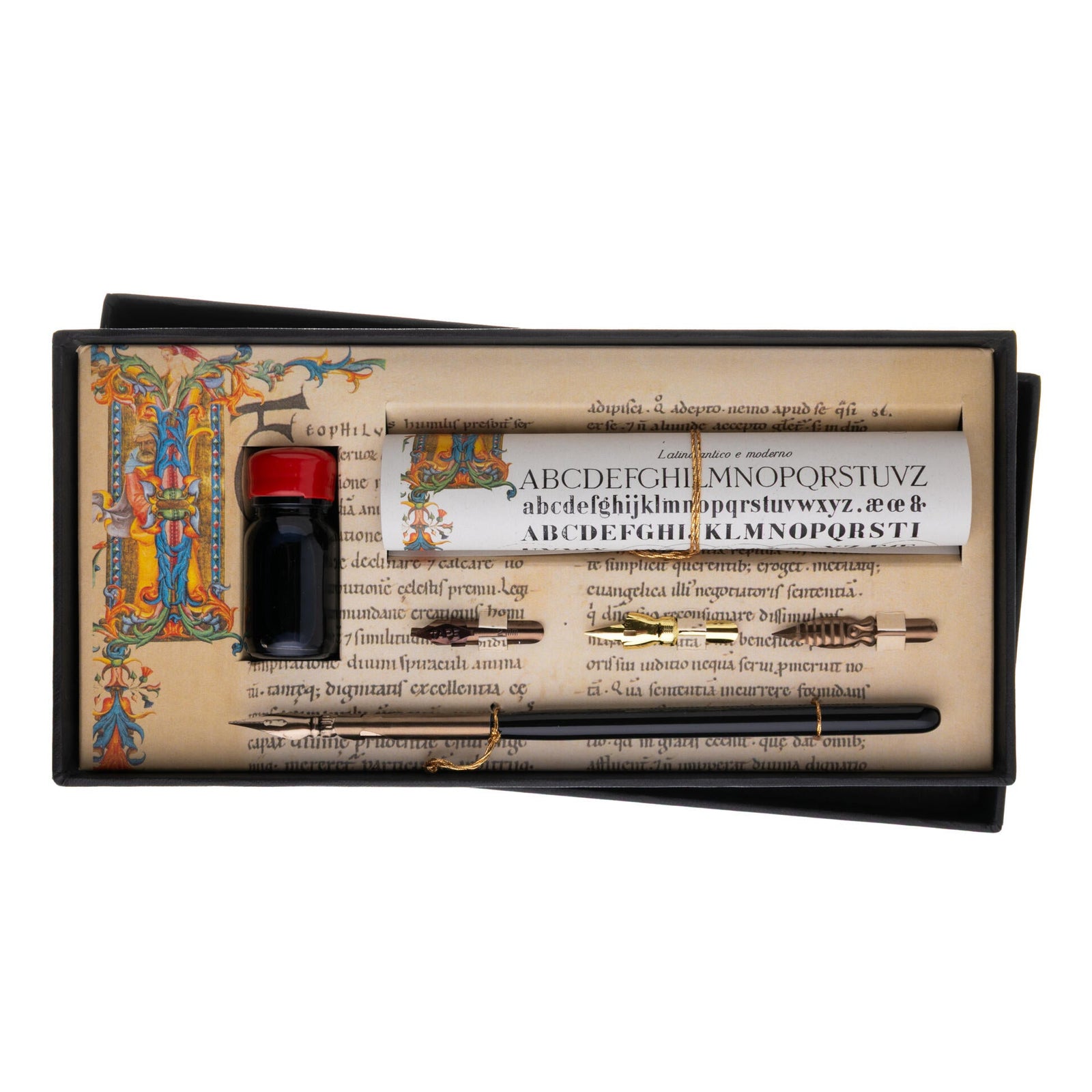 Calligraphy set with pen and ink bottle in a decorative box on a white background