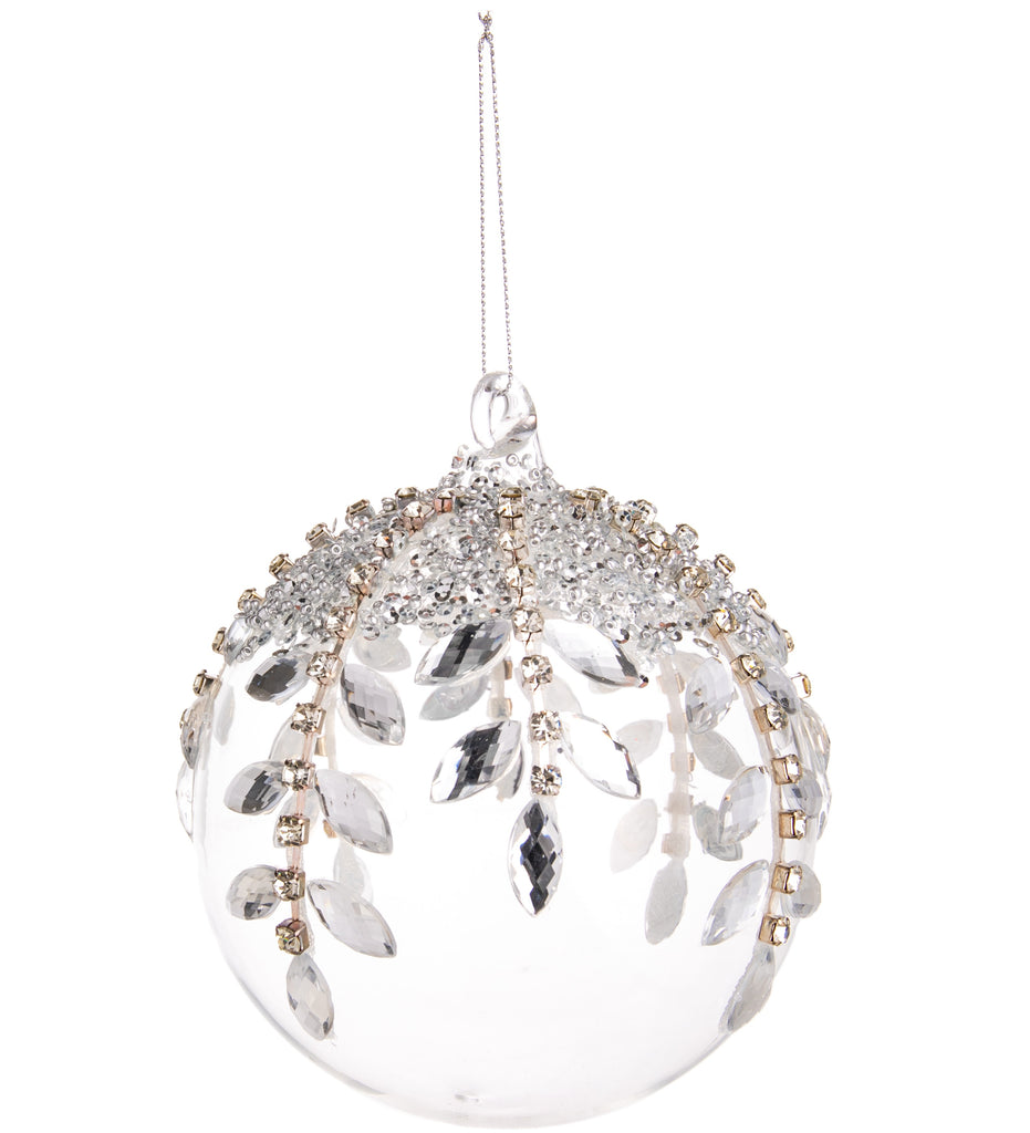 Glisten and glimmer with this jeweled glass ball ornament! Featuring silver jeweled leaves, this clear crystal ornament ball shines beautifully. 