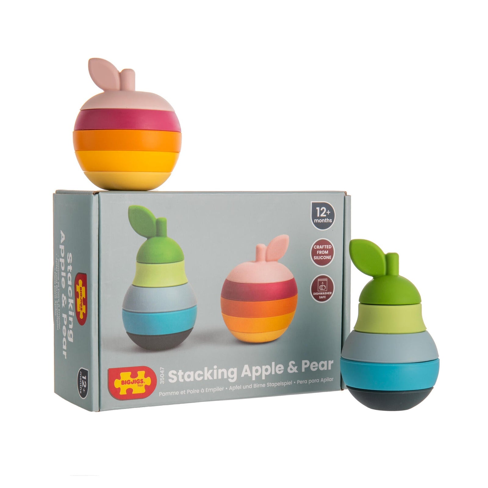 Colorful stacking toy set with packaging on a white background