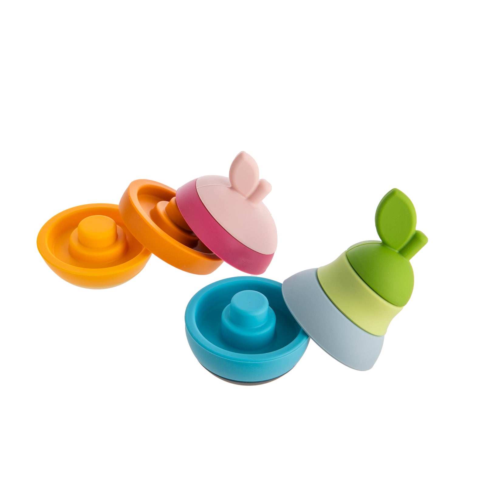 Colorful stacking toy set with packaging on a white background