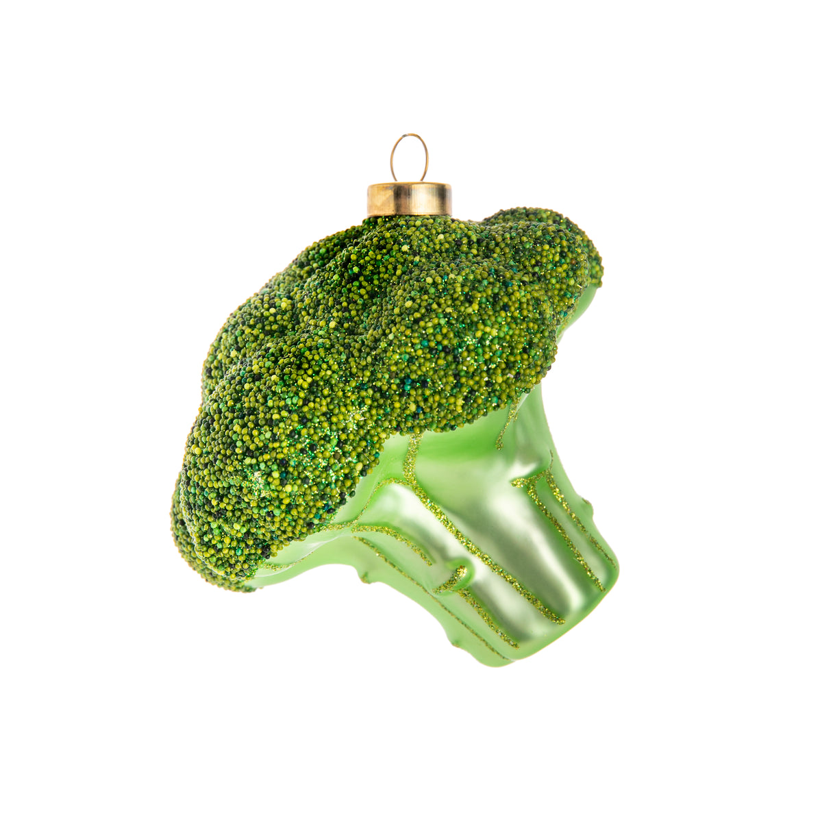 Our bountiful Broccoli ornament is a veggie lovers delight! This festive floret has a very life-like top, a shiny green stalk, and is generously seasoned with green glitter. Glass ornament Hand painted. Size approx 4&quot;x5&quot;.