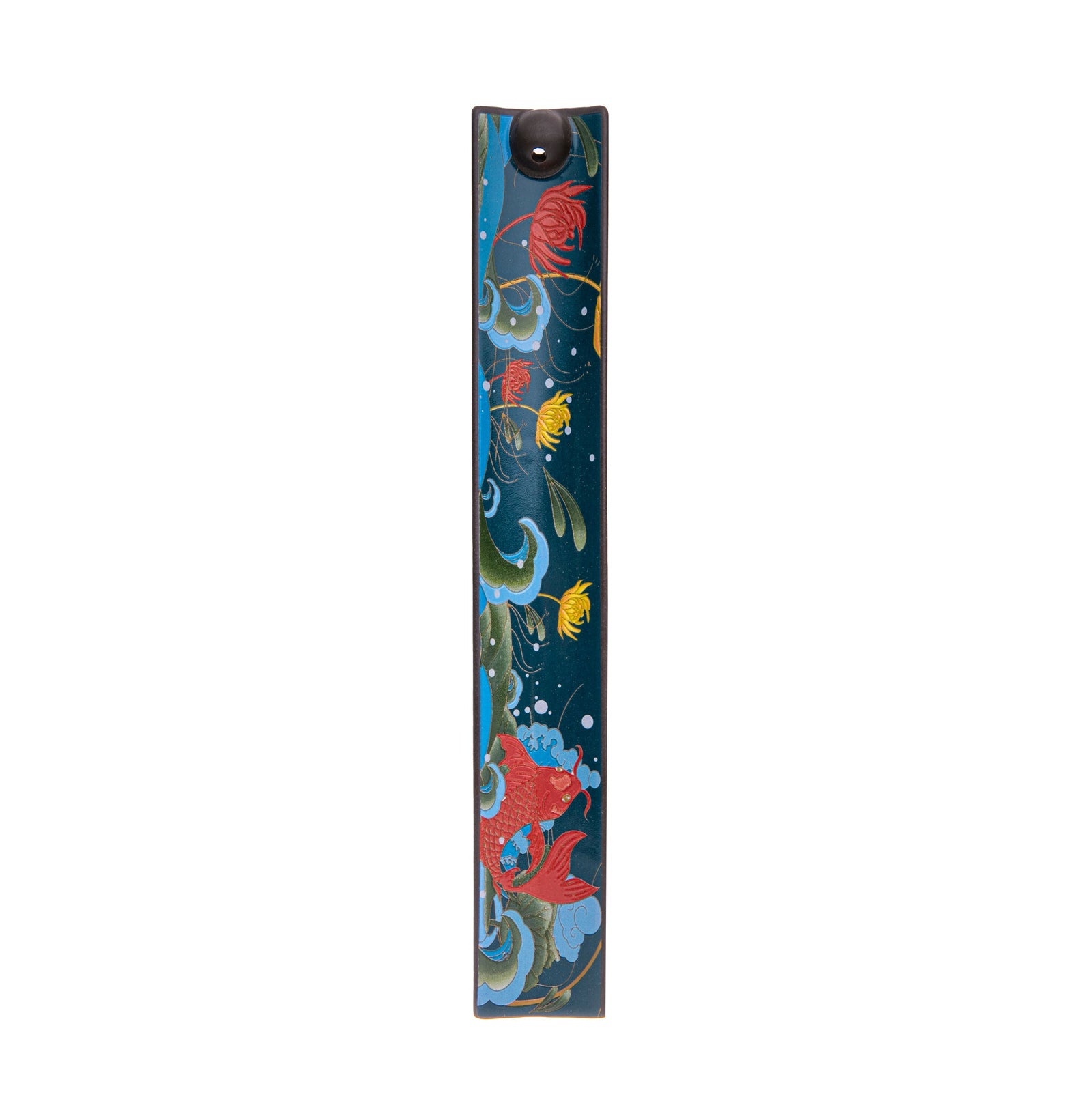 A ceramic incense holder with a traditional Japanese-style print featuring vibrant orange koi fish and blooming chrysanthemums on a deep aqua background.