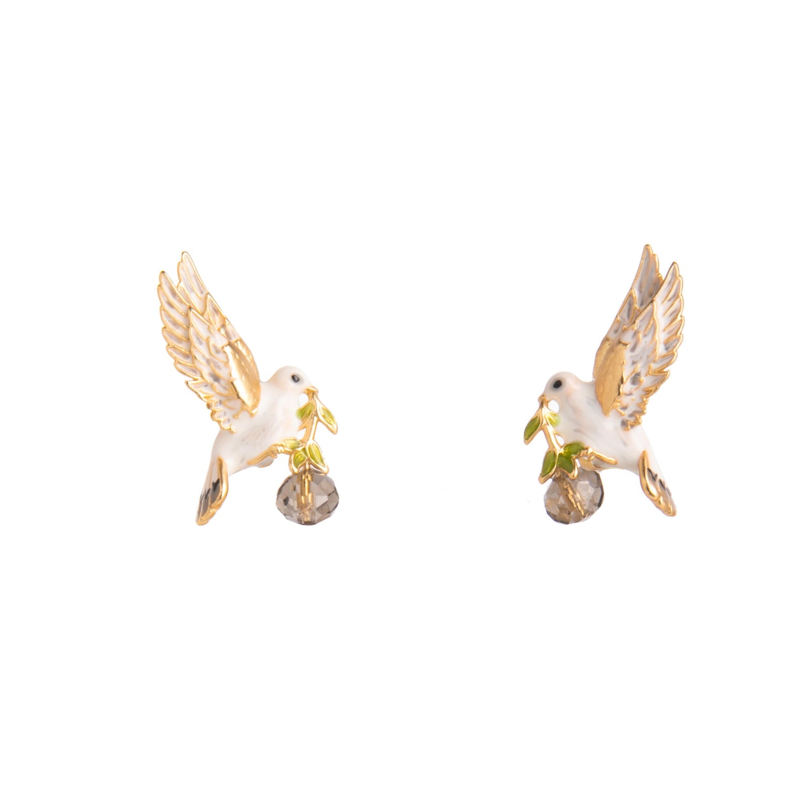 Post earrings featuring a gold and enamel peace dove on a white backgound