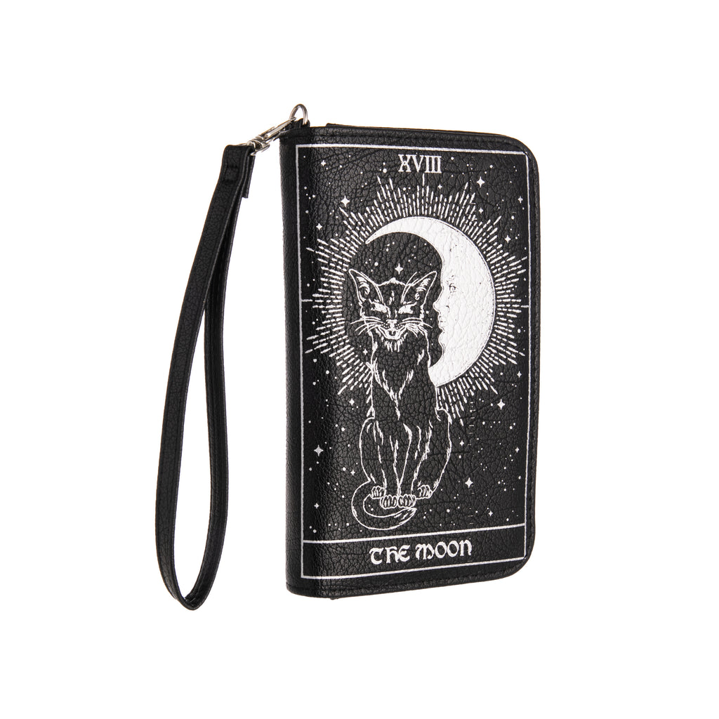 This wristlet wallet featuring tarot cards also has a button clasp closure, nine credit card slots, an ID card slot, a zippered pocket, and two bill slots. With the Moon card on one side and the Death card on the other, this wallet would make a lovely gift for anyone witchy. Dimensions: 5" x 1.5" x 8" Material: Vinyl 