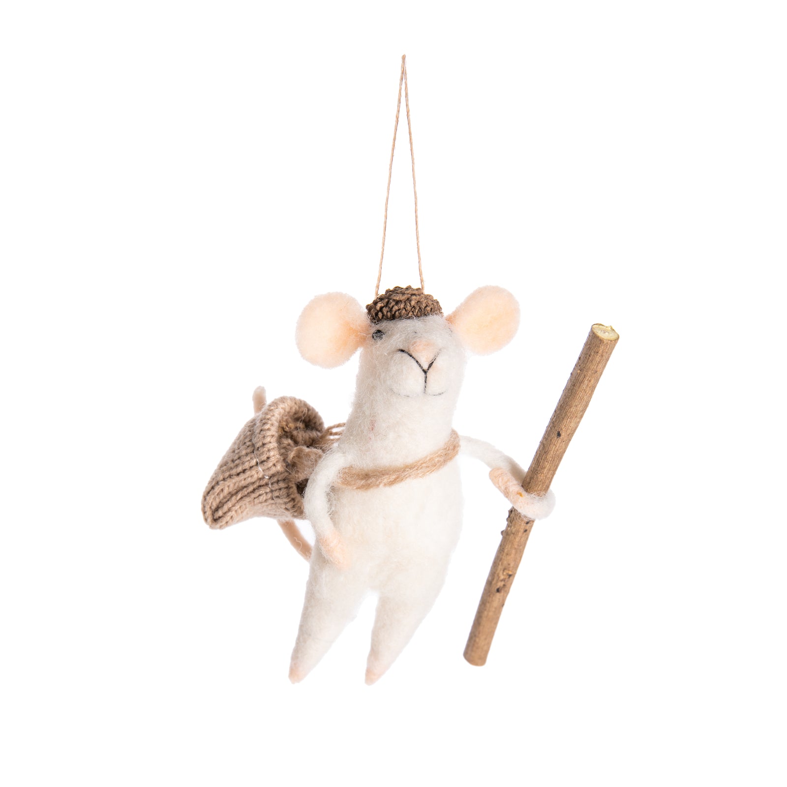 Decorative mouse ornament with acorns and a stick on a white background