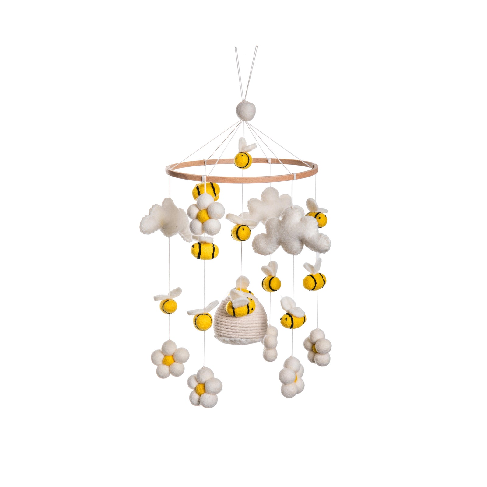 Baby mobile with flowers, bees, and a beehive on a white background